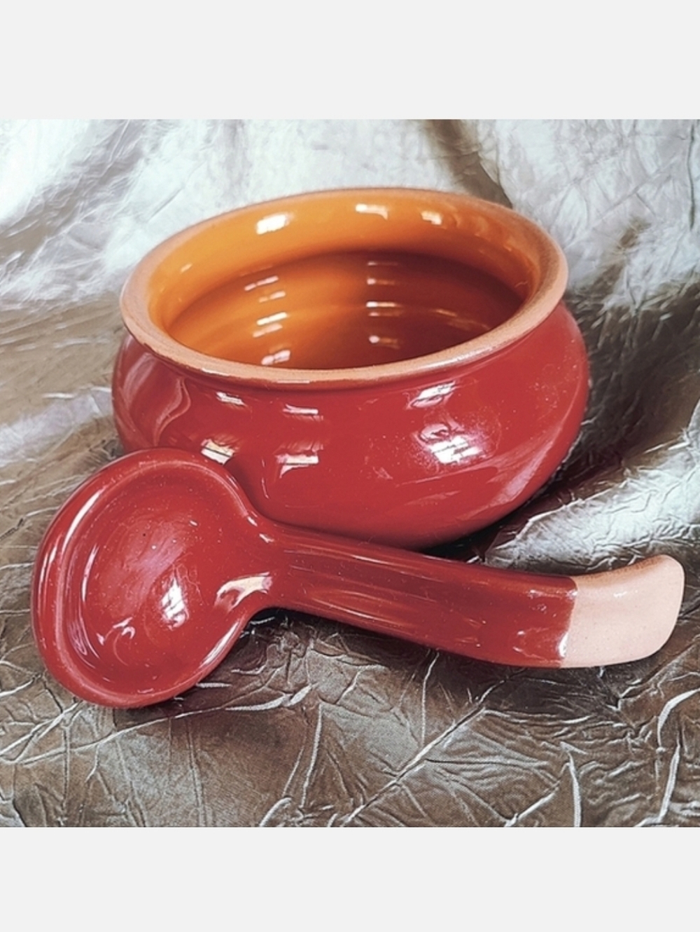 Crate & Barrel Brand Salsa Chili Guacamole Terra Cotta Bowl Ladle 2 Pieces NEW